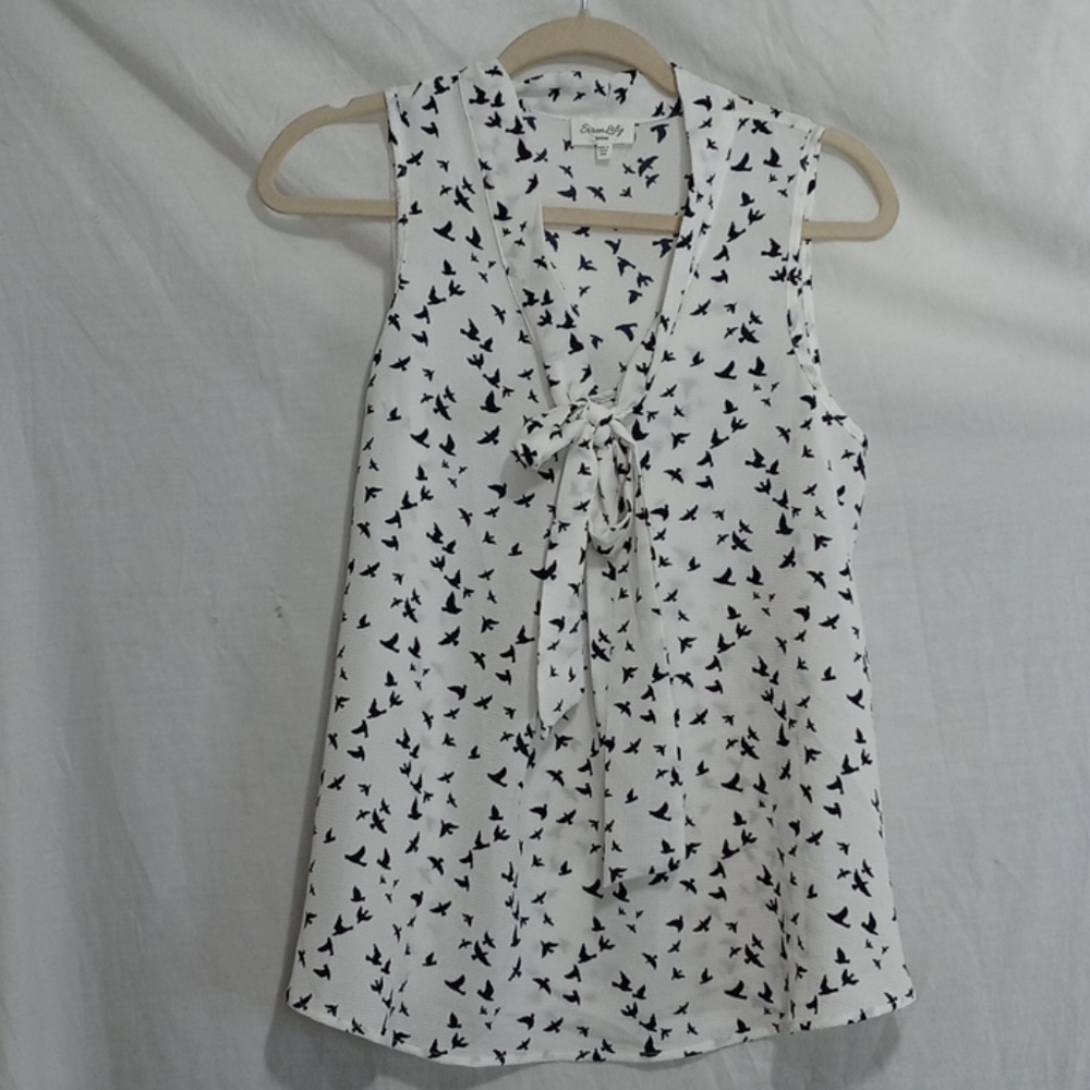 Siren Lily birds tie neck navy white top blouse MP